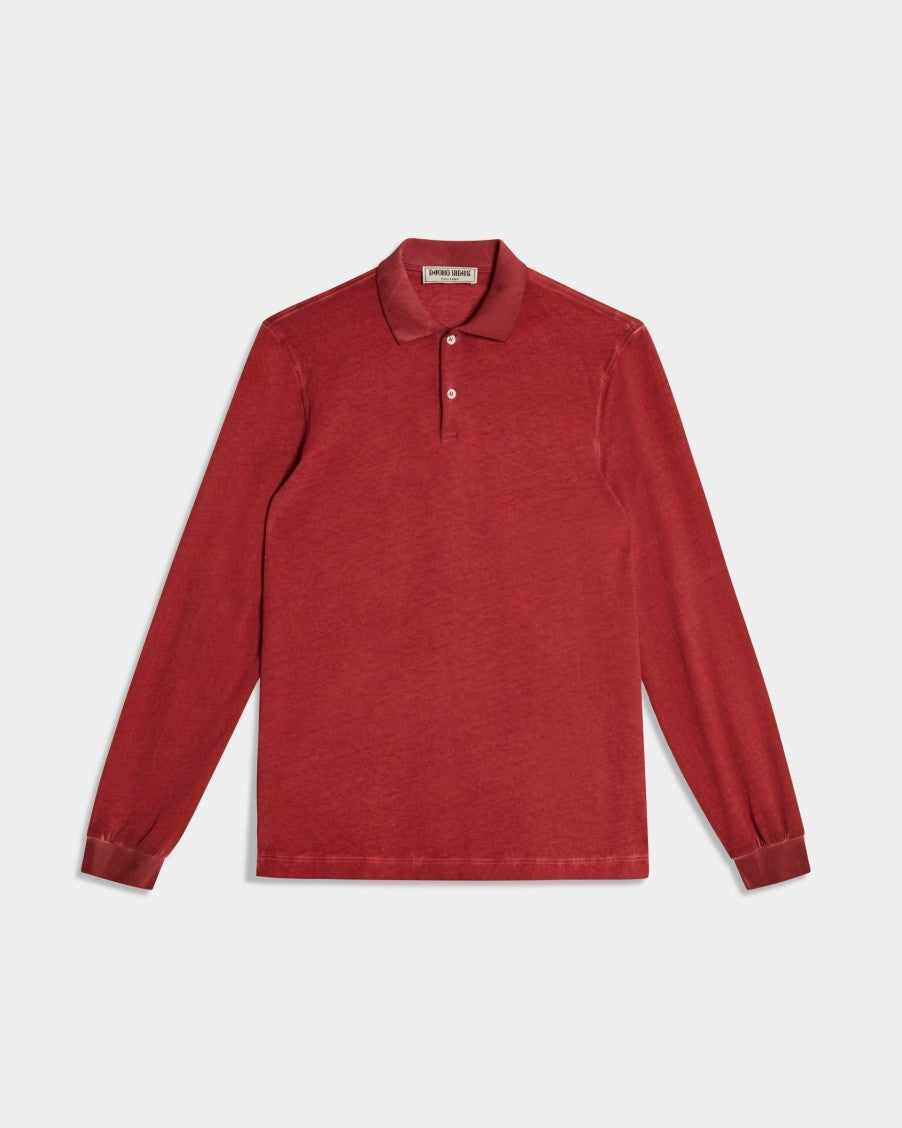 Long Sleeve Jersey Cotton Polo Shirt Pompeian Red