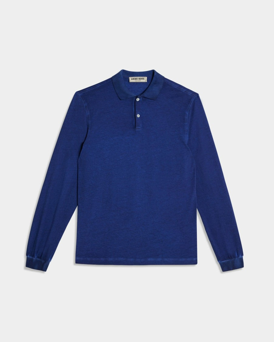 Long Sleeve Jersey Cotton Polo Shirt Blue