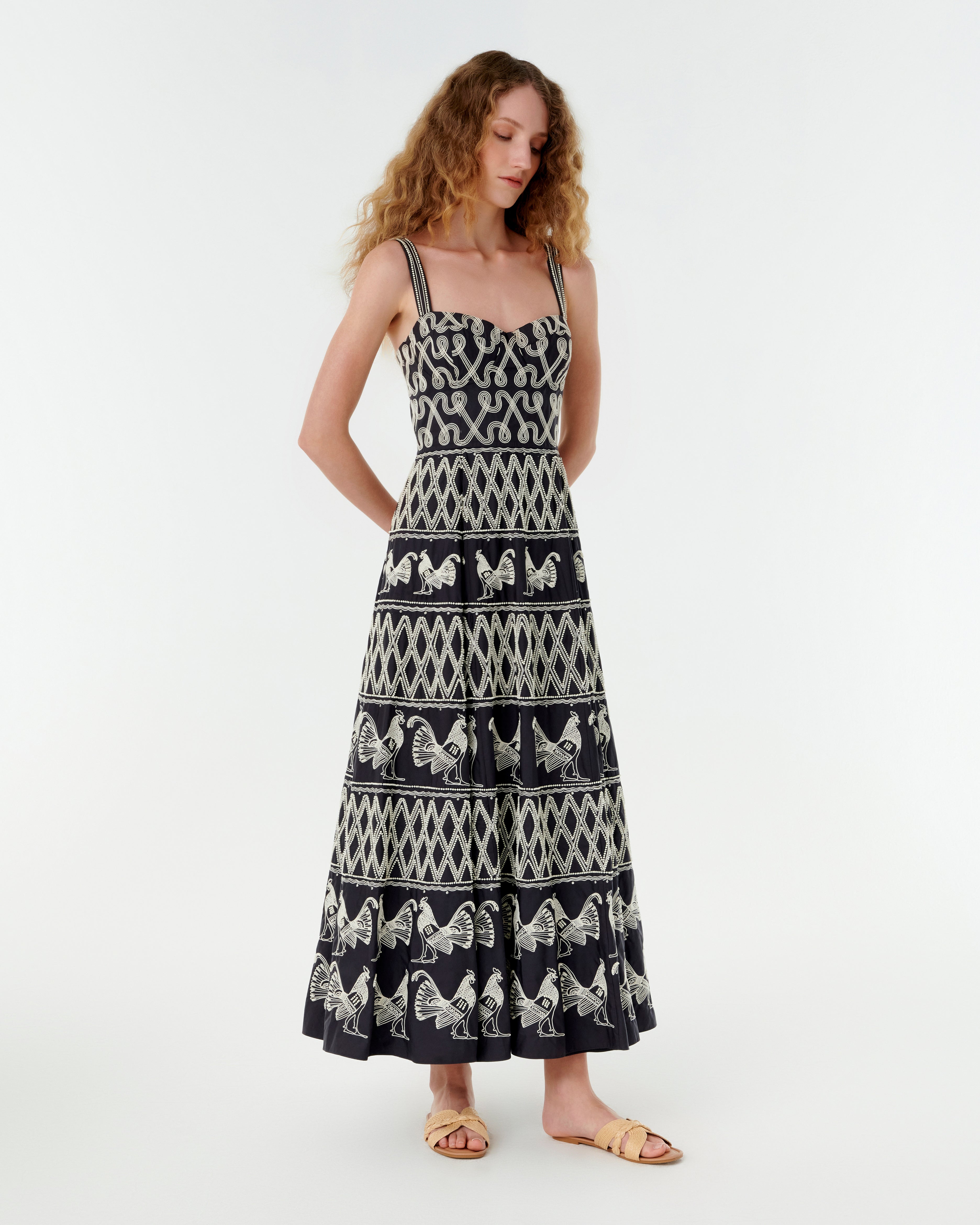 Elida Dress with Greek Rooster Embroidery
