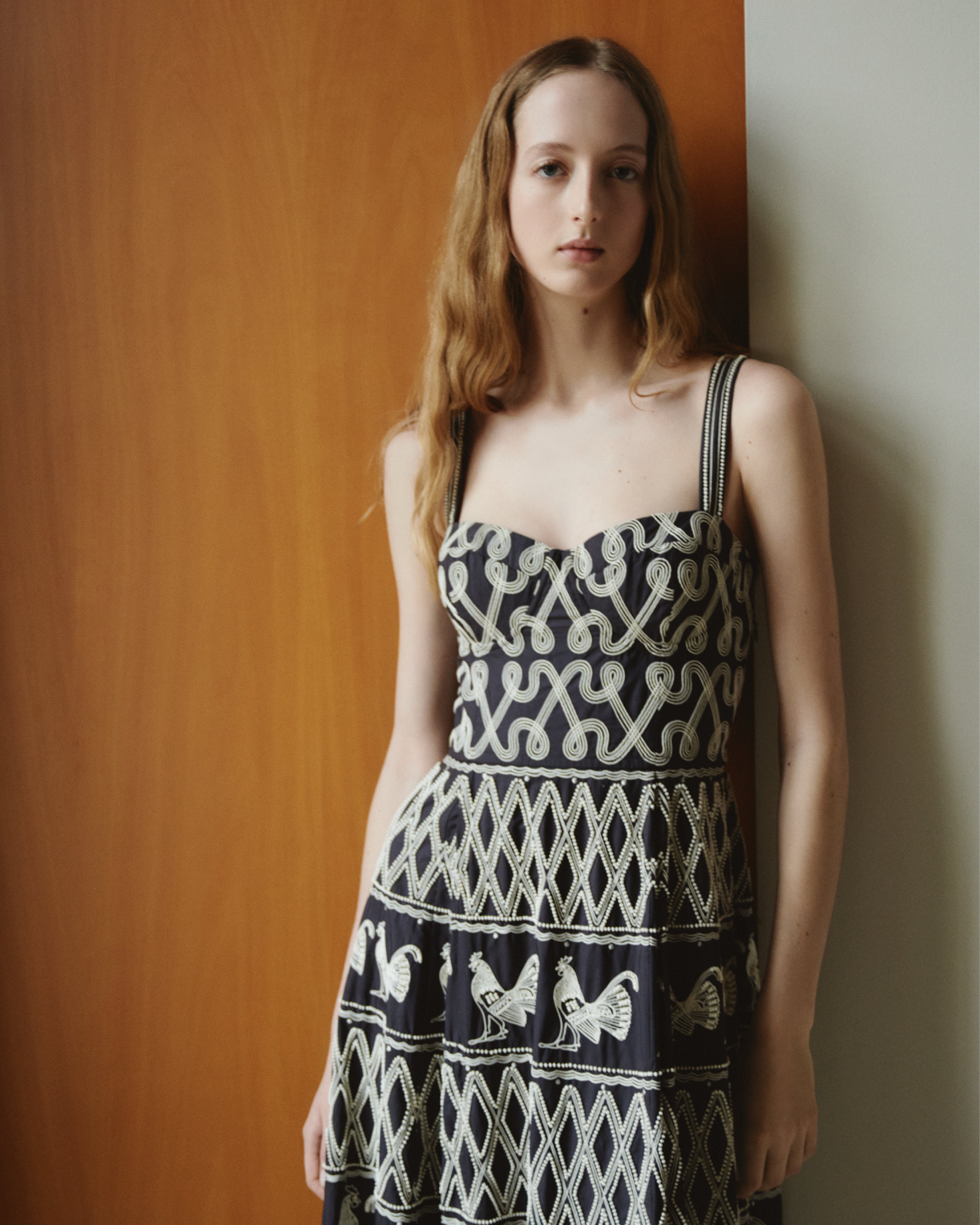 Elida Dress with Greek Rooster Embroidery