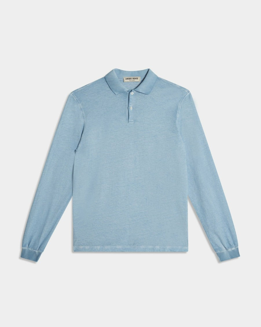 Long Sleeve Jersey Cotton Polo Shirt Light Blue