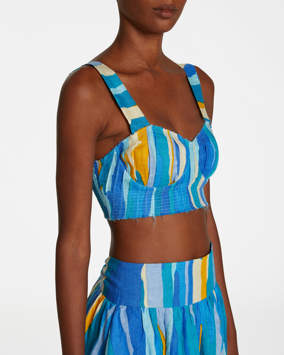 Dalia Top in Blue Abstract Linen