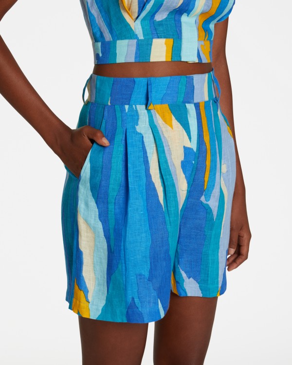 Beatrice Shorts in Blue Abstract Linen