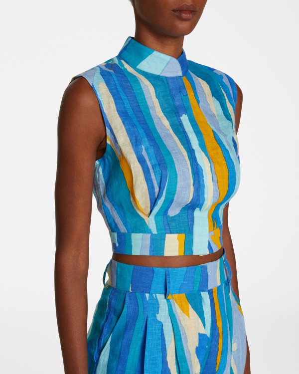 Alice Top in Blue Abstract Linen